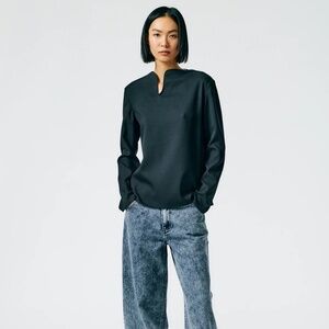 Tibi Chalky Drape Squiggly Neck Long Sleeve Top • Black • 2